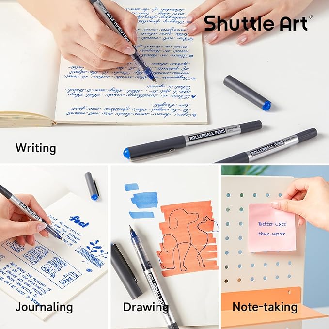 Shuttle Art RollerBall Pens, 50 Pack Blue Fine Point Roller Ball Pens, 0.5mm Liquid Ink Pens for Writing Journaling Taking Notes School Office