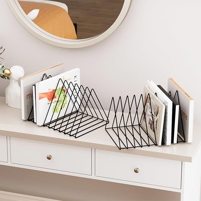 Urban Deco Triangle Desk Organizer - Metal Wire Magazine Holder, 10 Sections, Decorative File Folder Organizer, Vinyl Record Storage, Office File Holder - Black