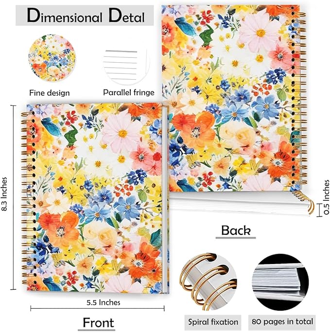 Boho Colorful Floral Notebook, Vibrant Flower Plant Journal, Cute Aesthetic Journal for Women, Cottagecore Wildflower Botanical Hardcover Spiral Notebooks, 5.5x8.3 Inch