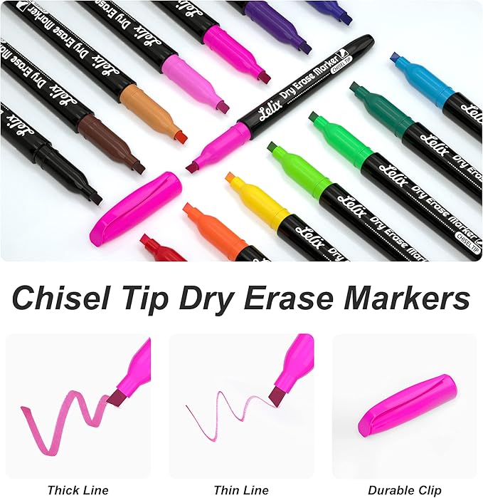 Lelix Dry Erase Markers - 42 Pack, 14 Colors, Chisel Tip, Perfect for Kids & School, Office Use, Whiteboard & Mirror Writing