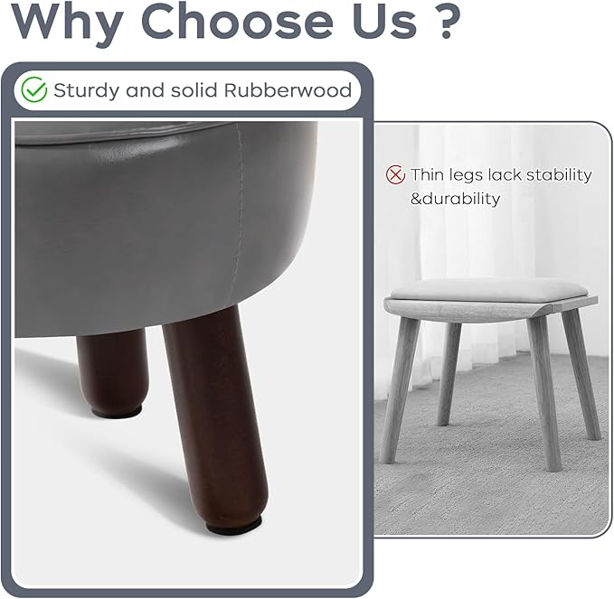 Ottoman, Small Foot Stool, Round Leather Pouf Ottoman, 13''L x 13''W x 10.2''H Foot Rest with Non-Skid Rubber Legs for Living Room Bedroom Couch Entryway, Grey