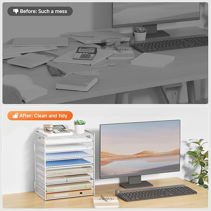 SUBEKYU 9 Tier Paper Letter Tray Desk Organizer with Handles - White Metal Mesh File Holder Paper Sorter Desk Organizer for Office Home School, Include 6 Pcs Adjustable Slid Tray, 6 Colors Available