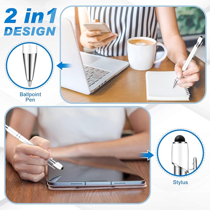 Tenare 12 Pieces 2 in 1 Stylus Metal Ballpoint Pen with Stylus Tip, 1.0 mm Black Ink Ballpoint Pen for Touch Screens(White)