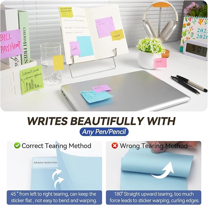 Sticky Notes 3x3in + 2x1.5in Small Sticky Note, 12 Pack 6 Colors Self-Sticky Note Pads | Sticks Strong & Removes Clean | Recycled Paper Cute Sticky Notes to School Supplies, Office Products