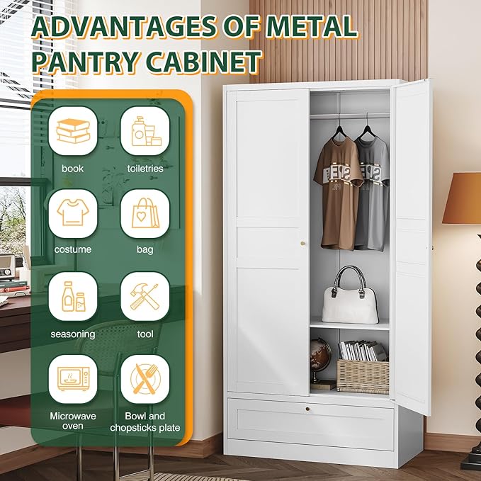 Letaya Wardrobe Closet,72" H Clothing Metal Storage Cabinet with Storage Drawer Adjustable Shelves and Hanging Rod,Bedroom Armoire Cabinet Clothes Organizer (White)