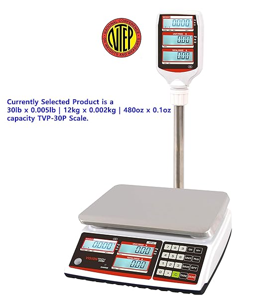 VisionTechShop TVP-30P Price Computing Scale with Pole Display, Lb/Oz/Kg, 30lb Capacity, 0.005lb Readability, NTEP Legal for Trade COC #19-038, NSF Certified
