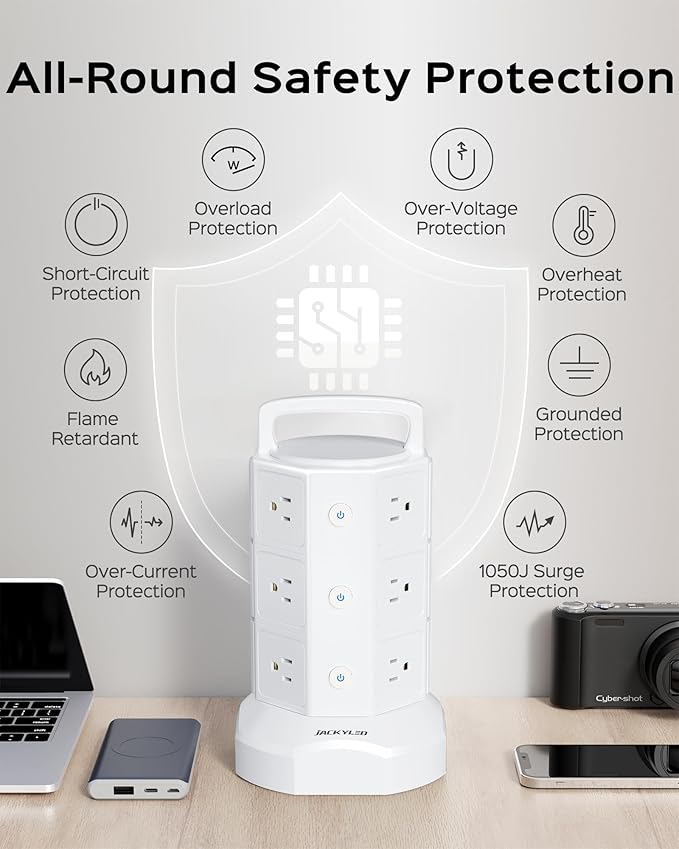 Power Strip Tower Surge Protector, JACKYLED 12 Outlets 6 USB (2 USB C) Charging Station, Extension Cord with Multiple Outlets, 1050J 1625W/13A Outlet Extender 6.5ft Extension Cord for Home Office