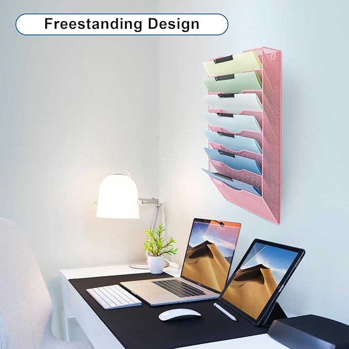 EASEPRES 8 Pocket Mesh Hanging Wall File Organizer, Wall Mounted Mail Paper Document Folder Holder, Clipboard Storage Organization Magazine Rack with Nametag Label for Office Home School, Pink