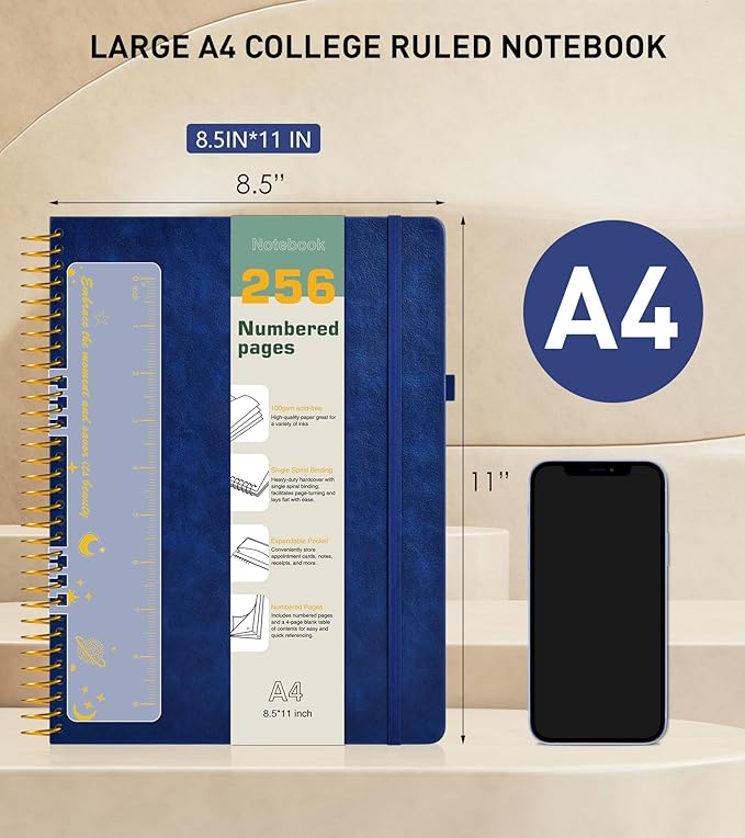 A4 Spiral Notebook Journal 8.5” x 11”, 256 Numbered Pages Hardcover Leather Journals for Women Men, Large Lined College Ruled Notebooks, 100GSM Thick Paper, Spiral Bound Journal for Work School, Navy