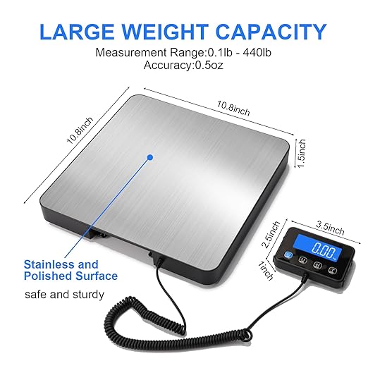 Digital Shipping Scale, 5g High Accuracy 440 lb Postal Scale with Hold and Tare Functions for Parcels/Luggage/Home, Manual/Auto Shutoff, Extended LCD Display, Batteries and AC Adapter Included