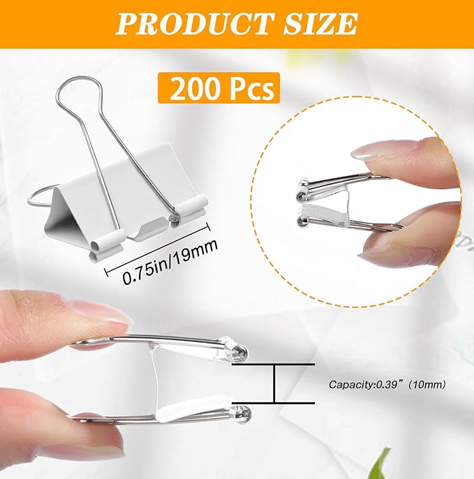Jetec 200 Pack 0.75in/19mm White Metal Binder Clips Bulk Medium Reusable Fold Back Binder Clips Paper Clamps Spring Steel Sturdy for Home School Office Supplies