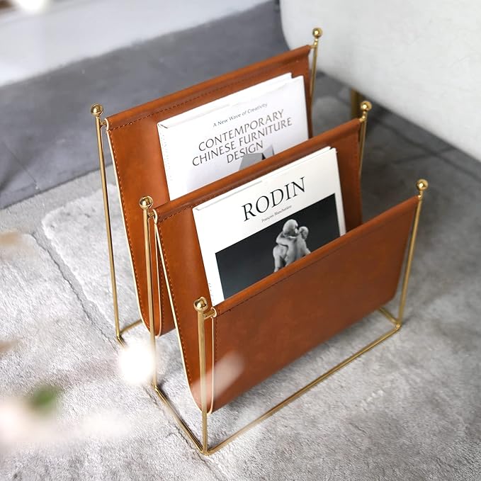 Plated Metal Wire and Leatherette Magazine Holder Rack, 2-Slot Standing Rack for Magazines, Books, Newspapers, Home Staging Decoration