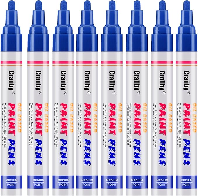 Blue Paint Markers, 8 Pack Oil-Based Waterproof Quick Dry Permanent Paint Pen Set for Rocks Painting, Wood, Fabric, Plastic, Canvas, Glass, Mugs, Metal, Tire, Stone, DIY Craft