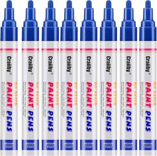Blue Paint Markers, 8 Pack Oil-Based Waterproof Quick Dry Permanent Paint Pen Set for Rocks Painting, Wood, Fabric, Plastic, Canvas, Glass, Mugs, Metal, Tire, Stone, DIY Craft