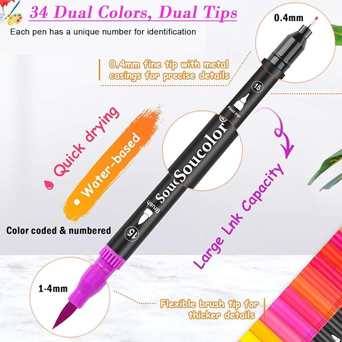Soucolor Art Brush Markers Pens for Adult Coloring Books, Cute Preppy Stuff School Office Teacher Supplies, 34 Colors Dual Tip (Brush and Fine Point) Drawing Markers for Note Taking Journal Classroom