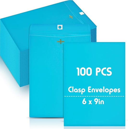 Geyee 100 Pcs Clasp Manilla Envelopes 6 x 9 Inch Gummed Colored Envelopes for Storing or Mailing for Home Office Business Supplies(Blue)