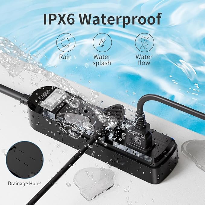 IPX6 Outdoor Power Strip Weatherproof, Waterproof Surge Protector with 3 Wide Outlet 3FT Extension Cord, Wall Mountable for Outside Decorations and More UL Listed(Black)