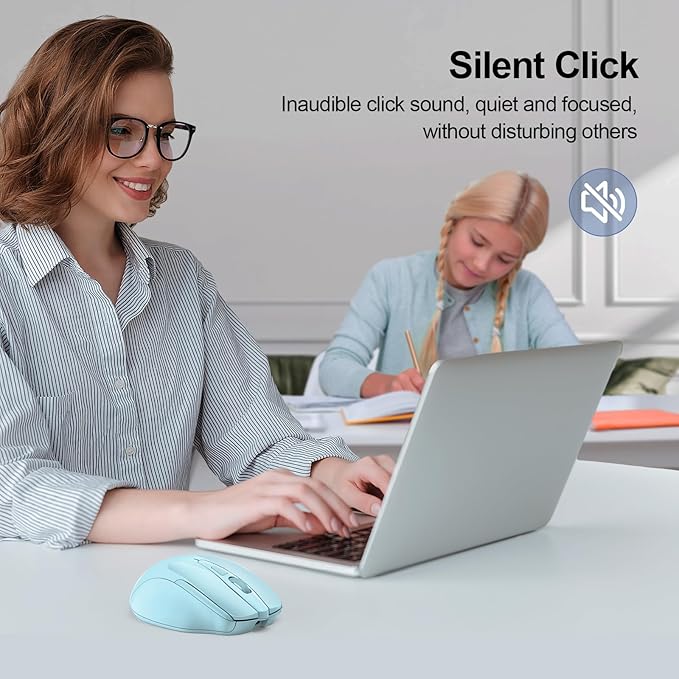 TECKNET Wireless Mouse (BT5.0/3.0 & 2.4G) Rechargeable 4800 DPI Silent USB A & Bluetooth Mouse 6 Buttons, Wide Compatibility - Lightblue