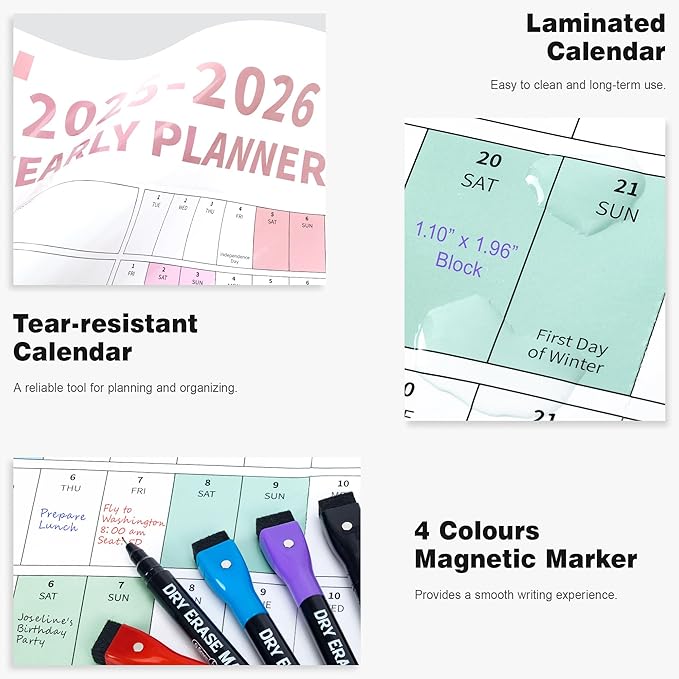 Ospelelf Wall Calendar 2025-2026 Large 32'' x 48'' Dry Erase Calendar for Wall, 12 Month Laminated Calendar for Classroom, Family, Use July 2025 - June 2026 (Multicolor)