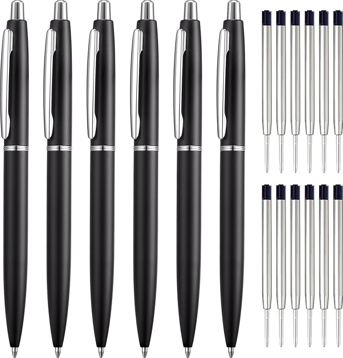 ChaoQ 6 Pcs Retractable Metal Ballpoint Pens, for Gift, Business, Office, 1.0mm Medium Point Black Ink, 12 Extras Replaceable Metal Refills - Black