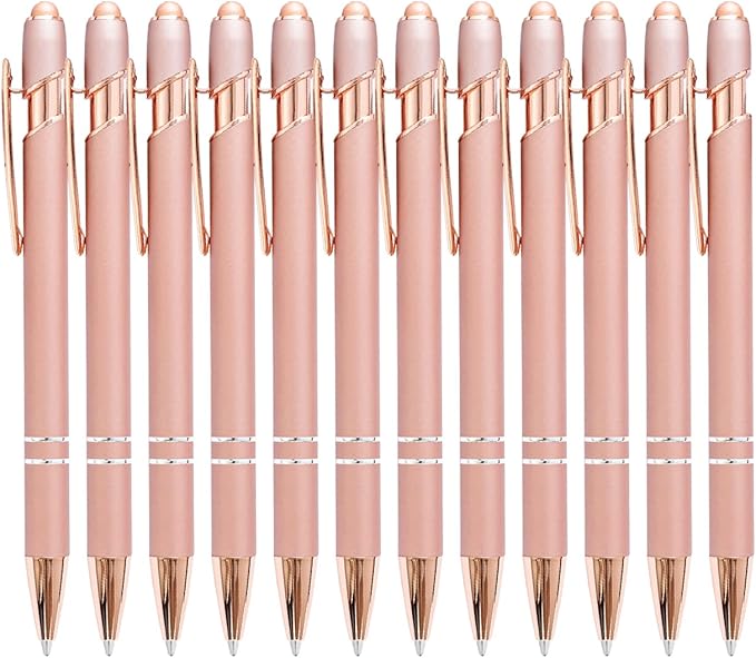 PASISIBICK 12 Pieces Rose Gold Ballpoint Pen with Stylus Tip, 2 in 1 Rose Gold Stylus Pens Stylish Pen, Metal Stylus Pen for Touch Screens, 1.0 mm Black Ink(Pack of 12)