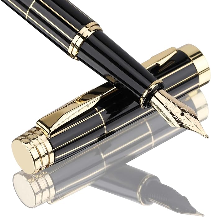 Tiankool Luxury Fountain Pen,Fine Nib, Exquisite Pen Gift Set for Men&Women-Includes 10 Ink Cartridges&Ink Converter- Nice Pens - Black - Gold Plaid