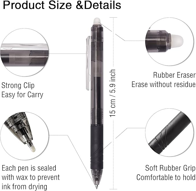 8 Pack Retractable Erasable Gel Pens Clicker Fine Point 0.7mm, Make Mistakes Disappear Comfort Grip for Drawing Writing Planner and School Supplies, Black and Blue Color Inks