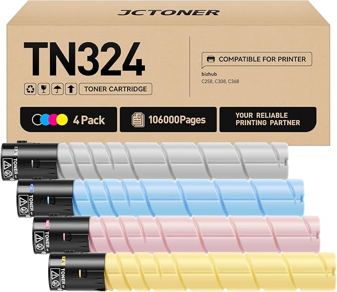 TN324 Toner Cartridges High Yield Replacement for TN324K TN324C TN324M TN324Y Compatible with Konica Minolta bizhub C258 C308 C368 Printer Copier Ink A8DA130 A8DA430 A8DA330 A8DA230 Black Color 4-Pack