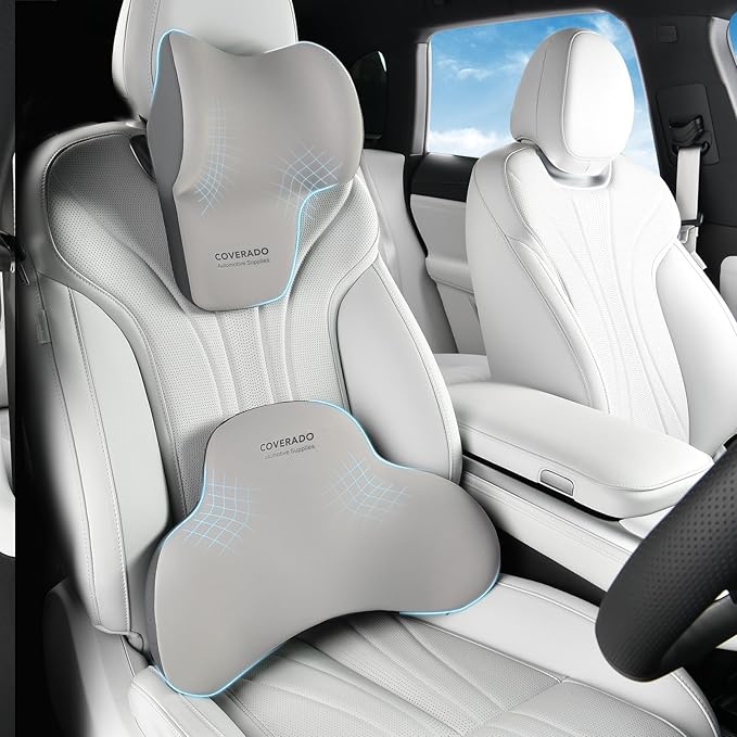 Coverado Lumbar Support and Car Neck Pillow, Ergonomic Memory Foam Desk Chair Cushion and Headrest Pillow for Car Office Chair, Sciatica & Neck & Tailbone Cushion-Black&Gray