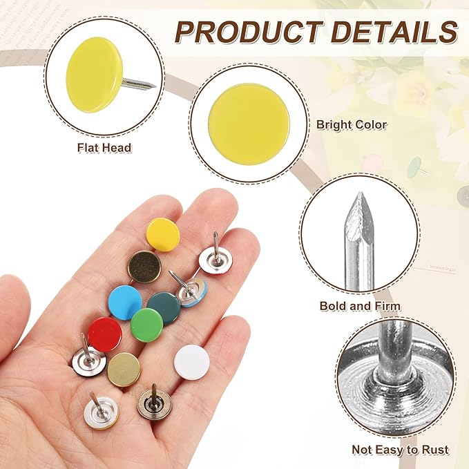 uxcell 120Pcs Push Pins, 11mmx17mm Round Flat Head Decorative Thumb Tacks Upholstery Tacks for Cork Board Office Wall Hangings, Light Yellow