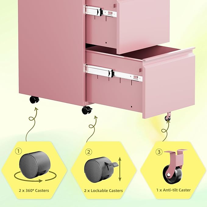 Aobabo Metal 2 Drawer Office File Cabinet with Lock, Under Desk Office Steel Files Cabinet on Wheels, 25.6''H Legal/Letter A4 Size, Fully Assembled Except Wheels,Pink