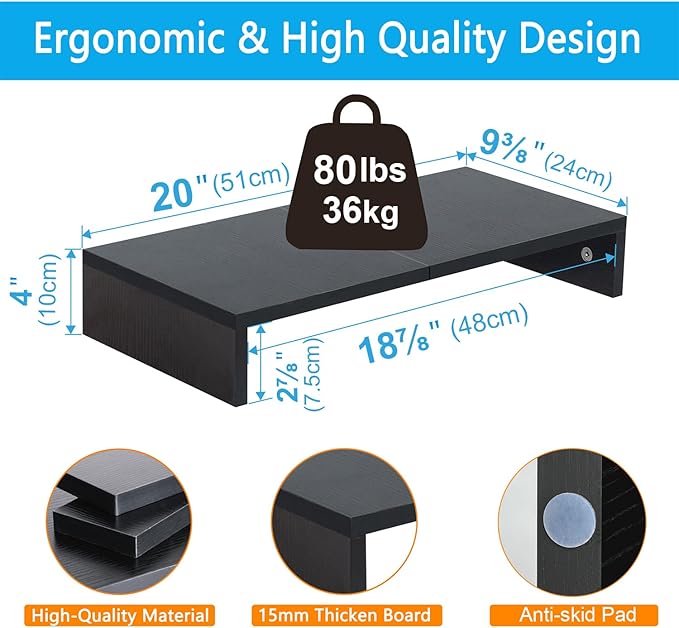 TEAMIX 20 Inch Monitor Stand Riser, Black Desktop Stand for PC/TV/Laptop/Printer, Wood Monitor Riser with Storage, Computer Stand Keyboard Organizer