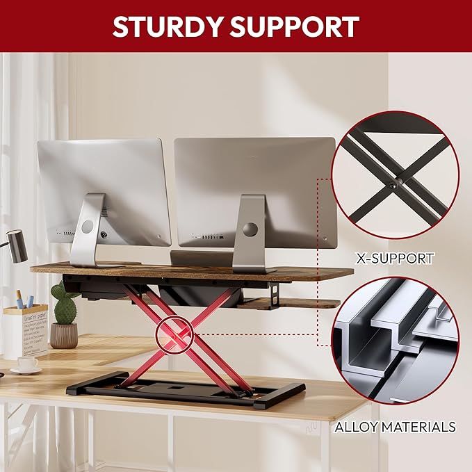 SANODESK Standing Desk Converter with Electric Motor 42" Height Adjustable Riser for Office Home,Dual Monitor and Laptop Workstation with Large Keyboard Tray,Rustic Color