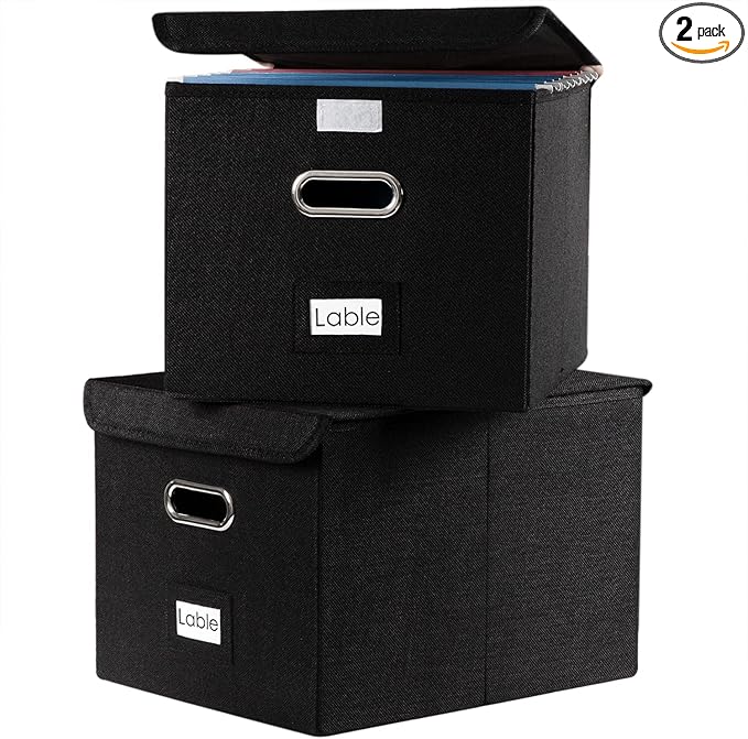 PRANDOM File Organizer Box - Set of 2 Collapsible Decorative Linen Filing Storage Hanging File Folders with Lids Office Cabinet Letter Size Black (15x12.2x10.75 inch)