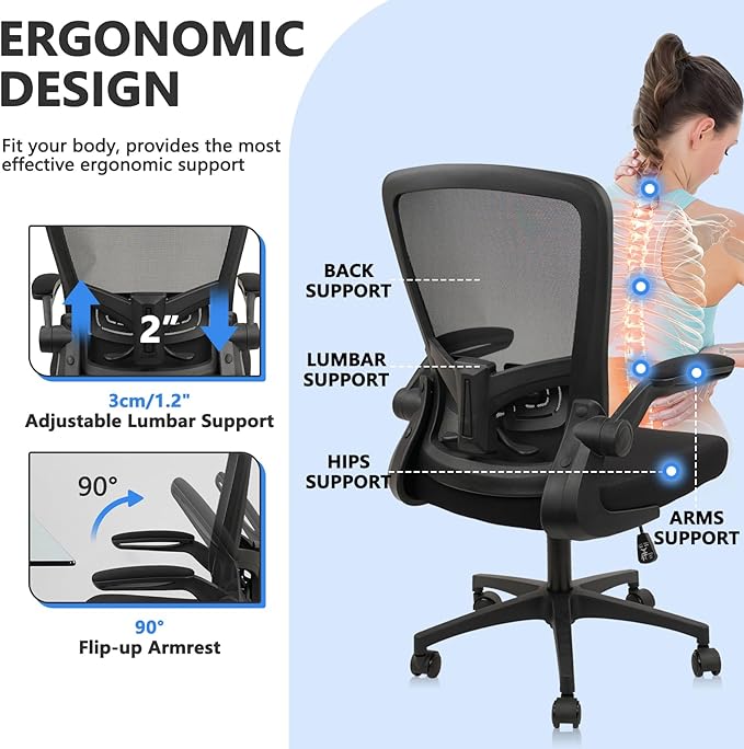 Office Desk Chairs with Wheels, Ergonomic Mesh Chair with Adjustable Height Lumbar Support, Rolling Swivel Computer Task Chair with Flip Up Armrests for Home, Study, Conference, Black