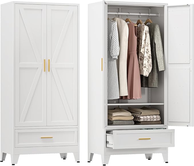 Farmhouse Wardrobe Cabinet with One Drawers,Metal Wardrobe Closet with Hanging Rod,Metal Armoire with Adjustable Shelves for Bedroom,Living Room, Cloak Room,Office (White)