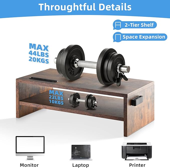 Marbrasse 16.5 Inch Monitor Stand, 2 Tier Computer Monitor Riser with Printer Shelf, Laptop Computer Screen Storage, Desktop Stand - Phone Holder & Cable Management (Vintage)