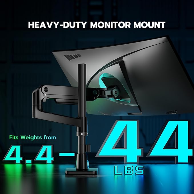 ARES WING Ultrawide Monitor Mount with USB A/C, with Extended Column for 17 to 49 inch Heavy Duty Monitor, Holds 44 lbs, Adjustable Gas Spring Desk Mount, Black