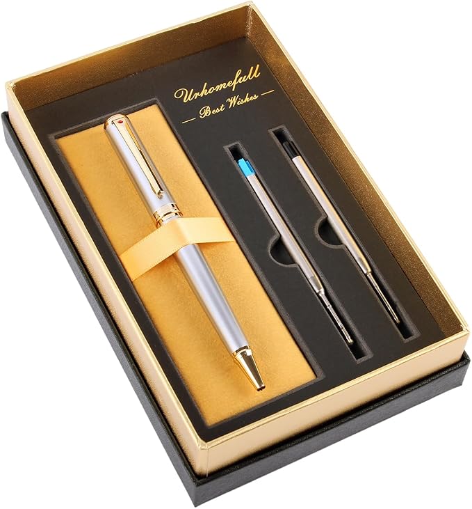 Luxury Ballpoint Pen with 24K Gold Trim, Switzerland Tip Point with Black Ink Refills, Fancy Ball Point Pen Gift Set for Men Women, Nice Writing Pens for Chirtmas,Silver