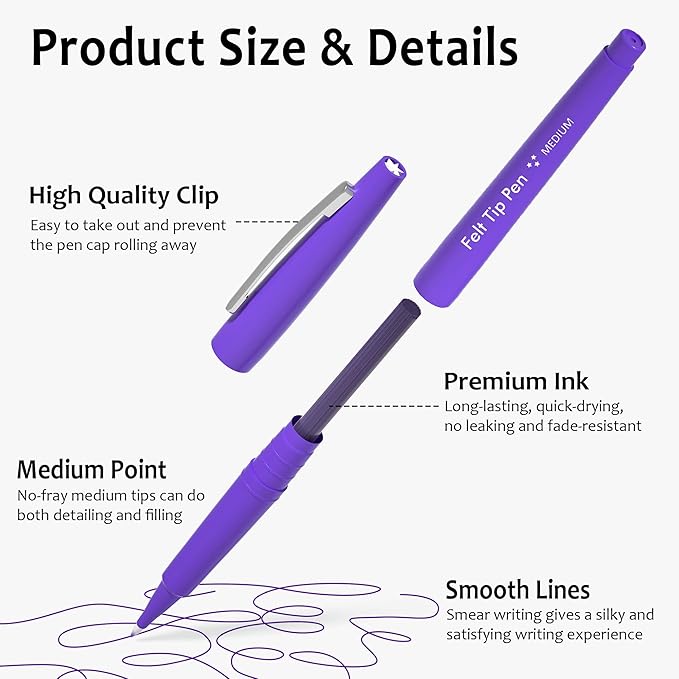 Lelix Felt Tip Pens, 30 Purple Pack, 0.7mm Medium Point, Felt Tip Markers Pens for Journaling, Writing, Note Taking, Planner, Perfect for School Office and Art Supplies