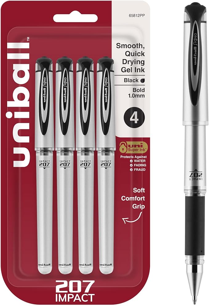 uni-ball Signo 207 Impact Stick Gel Pen, 4 Black Pens, 1.0mm Bold Point Gel Pens, Smooth Writing, Archival-Quality Ink, Acid-Free, Superior Comfort