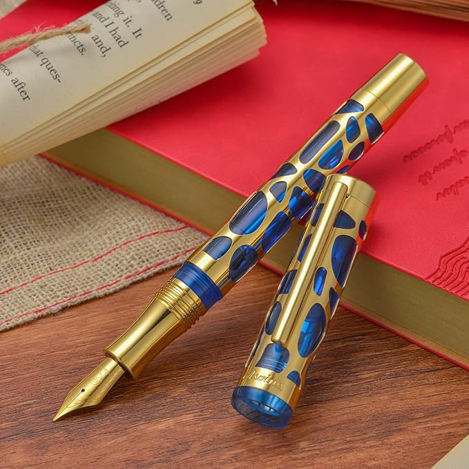 Asvine V169 Vacuum Filling Fountain Pen Fine Nib, Water Drop Skeleton Gold Trim Transparent Blue Acrylic Pen Case Set