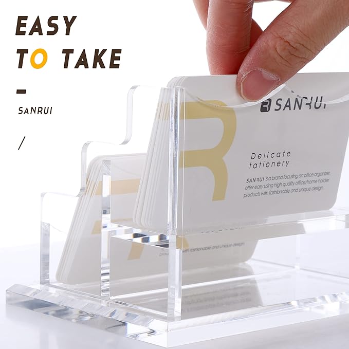 SANRUI Clear Horizontal Business Card Holder Stand for Desk, Acrylic Desktop Display Name Cards Holders Organizer Storage Rack,for Exhibition, Home , Office ,2 Tier 2 Pocket , 120 Card Capacity
