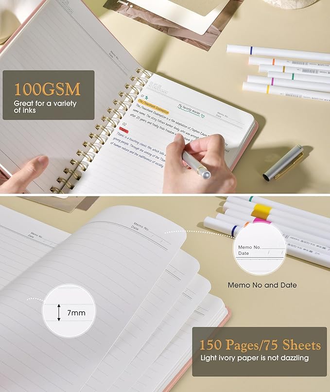 Lined Spiral Journal Notebook for Women, A5 Hardcover Notebooks for Work, 150 Numbered Pages Pink Notebook, 100GSM College Ruled Journals for Writing, Note Taking, 5.75" x 8.38"