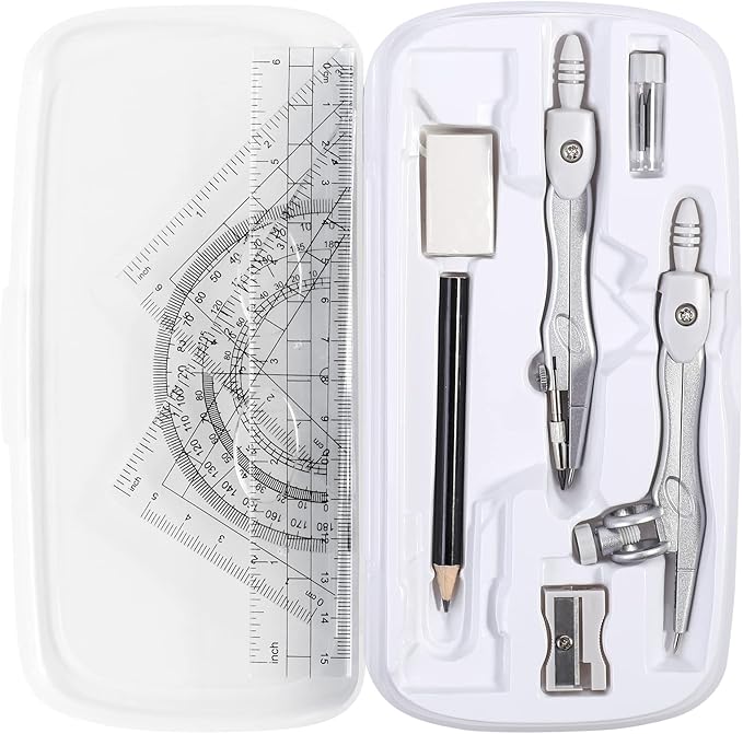 Math Geometry Kit Sets 10 Piece Student Supplies with Shatterproof Storage Box,Includes Rulers,Protractor,Compass,Eraser,Pencil Sharpener,Lead Refills,Pencil,for Drafting（White）
