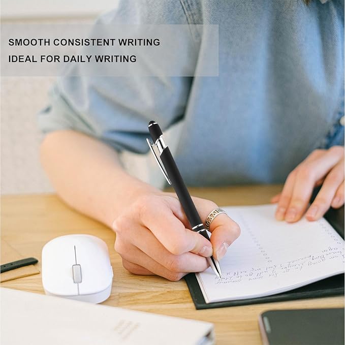 LINFANC 12 Pack Black Silver Ballpoint Pen with Stylus Tip, 1.0 mm Black Ink Smooth Writing Pens, Metal Stylus Pens for Touch Screens