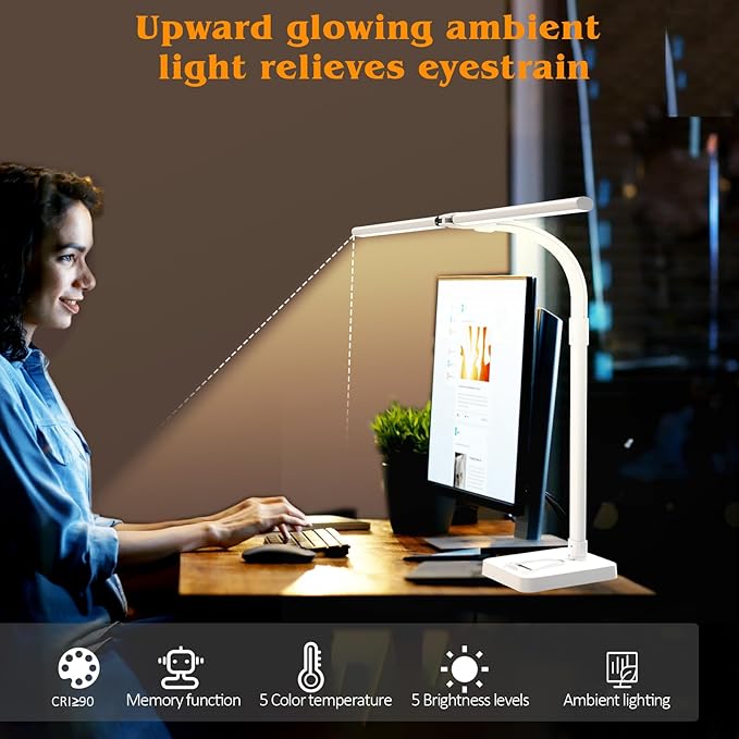 Led Desk Lamp for Home Office,24W Bright Eye-Caring Desk Light with Base,5 Brightness and 5 temperatures Dimmable Workbench Task Light, Adjustable Gooseneck Table Lamp for Monitor(White)