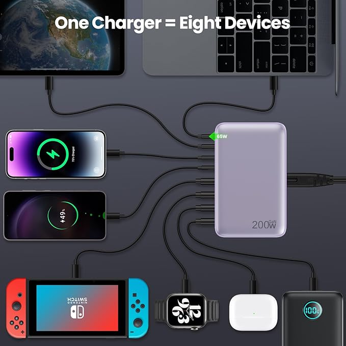 USB C Charger 200W USB C Charger Block GaN III 8-Port Fast Charging Station PD 65W Laptop Charger Adapter Compatible with MacBook Pro/Air,DELL,HP Surface,iPhone 15/14/13,Galaxy S23/22 (Purple)