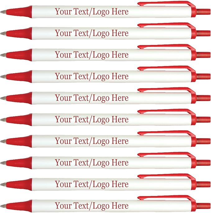Personalized Click Stick Pens With your Custom Logo or Text-300 Pack Bulk-for Businesses, Parties, and Events, Custom Printed Retractable Slim Ballpoint Pens, Red, Black Ink
