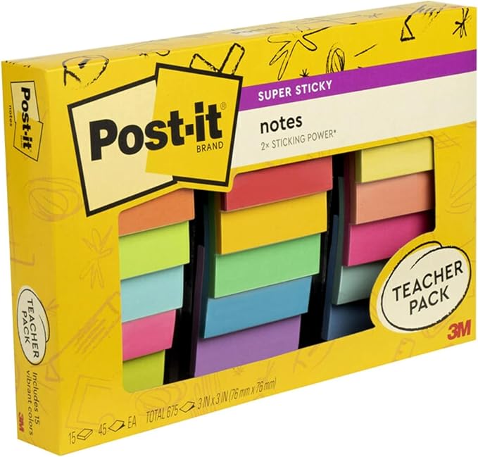 Post-it Super Sticky Notes Teacher Pack, Assorted Colors, 3 in. x 3 in., 15 Pads/Pack, 45 Sheets/Pad (654-15SSBTS-SR)